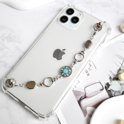 シルバー×ターコイズのキーリングハンガー　スマホケース　iPhoneケース　ストラップ　全機種　スマホチェーン 2枚目の画像