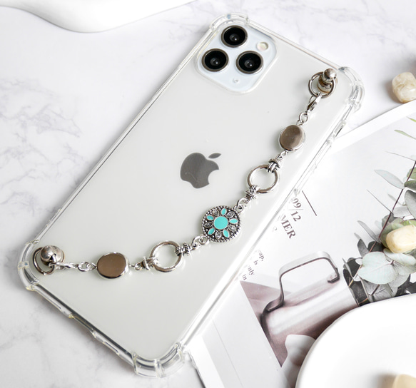 シルバー×ターコイズのキーリングハンガー　スマホケース　iPhoneケース　ストラップ　全機種　スマホチェーン 2枚目の画像