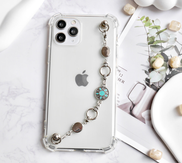 シルバー×ターコイズのキーリングハンガー　スマホケース　iPhoneケース　ストラップ　全機種　スマホチェーン 1枚目の画像