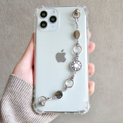 シルバー×ホワイトのキーリングハンガー　スマホケース　iPhoneケース　ストラップ　全機種　スマホチェーン 3枚目の画像