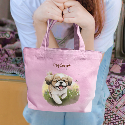自然に囲まれた シーズー 】ミニキャンバス トートバッグ 犬