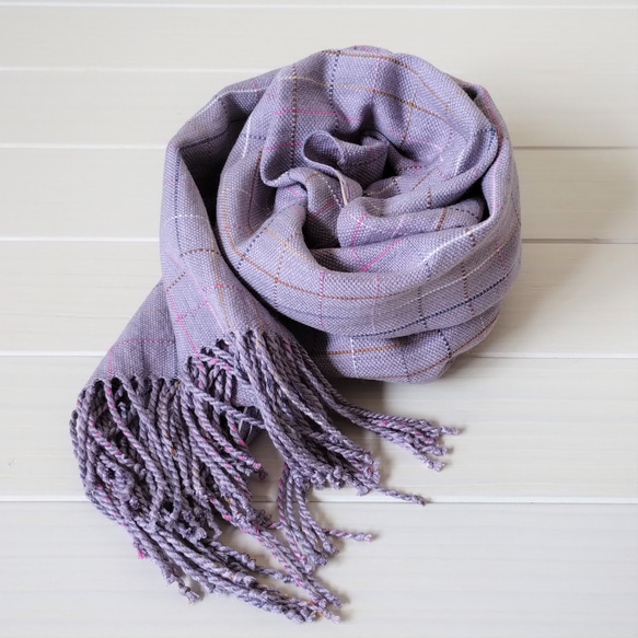 シルクストール 手織り シルク ラミー 絹 麻 ラベンダー チェック 絣 紫陽花 2枚目の画像