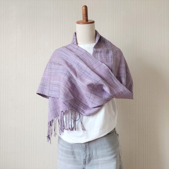 シルクストール 手織り シルク ラミー 絹 麻 ラベンダー チェック 絣 紫陽花 12枚目の画像