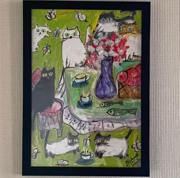 絵画 。壁掛け絵原画【庭で蝶を捕まえたり、楽しく会食したりして遊ぶ猫たち】 絵画 。壁掛け絵原画【庭で蝶を捕まえたり、楽しく会食したりし