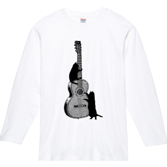 ギターと黒猫の長袖Ｔシャツ(白) 1枚目の画像