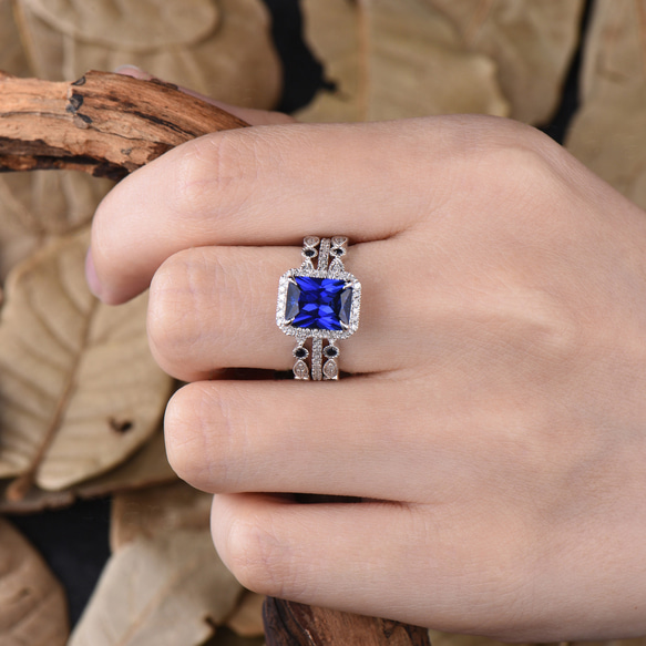 9月の誕生石ブルーサファイア婚約指輪セットヴィンテージモアッサナイトハローフルエタニティ3ピースブライダルリングセット 8枚目の画像