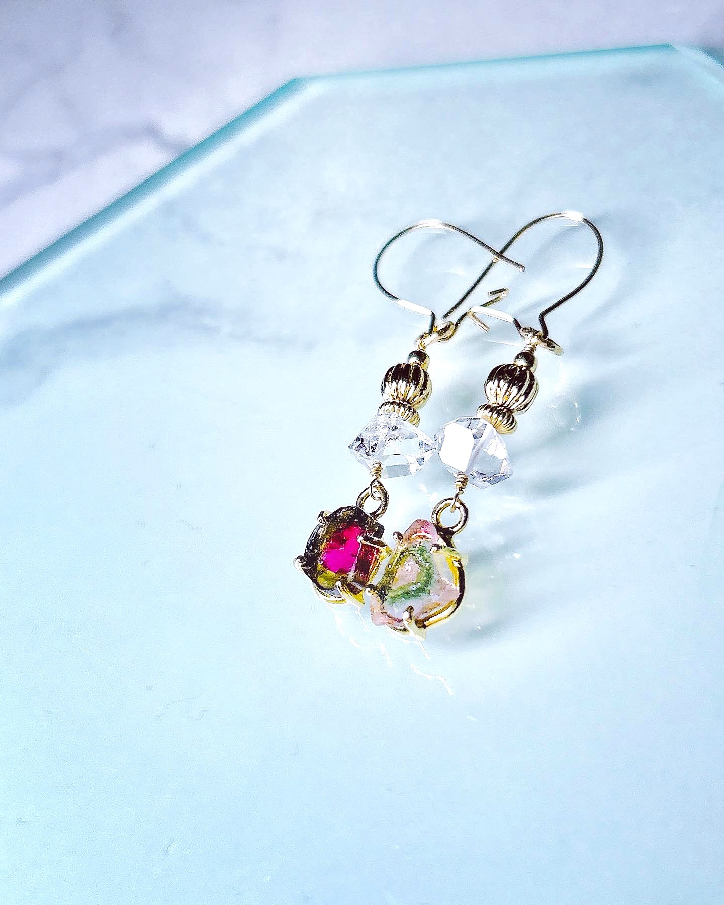 一点物14kgf☆レア‼︎バイカラーウォーターメロントルマリンと大粒Lサイズハーキマーダイヤモンドのピアス