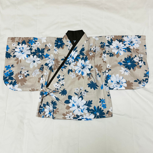 ベビー袴 ハンドメイド ベビー着物 ベージュ青白花柄 焦茶 60 70