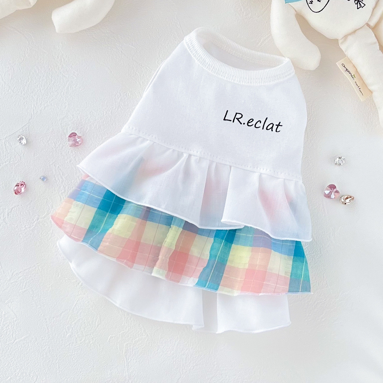 ふわふわ　コーラル&グリーンチェック　ワンピース　小型犬服　犬服ドレス　ドッグウェア　犬の洋服        Ω