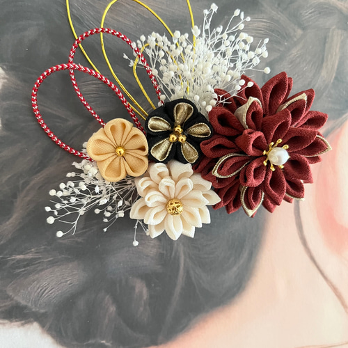 受注制作】70和装髪飾り えんじ 赤 白 つまみ細工 結婚式 成人式