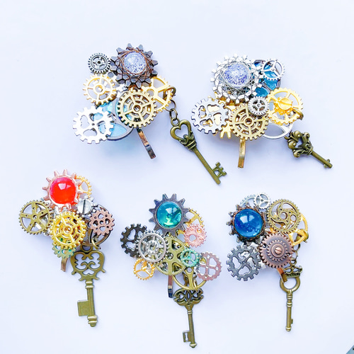 ハンドメイド　蓄光　ギャラクシーポニーフック 鍵付きスチームパンク風ポニーフック ポニーフック・ヘアカフス