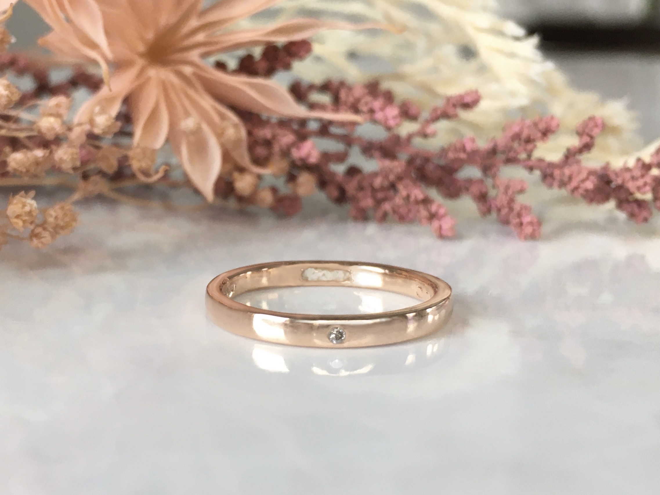 遺骨リング K10ピンクゴールド⭐️遺骨 指輪 幅約2mm メモリアルリング 手元供養 虹の橋 猫犬 納骨