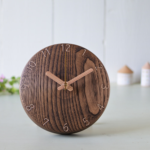 栗の木の丸時計150φ 置時計兼用タイプ ダークブラウン仕上げ 算用数字