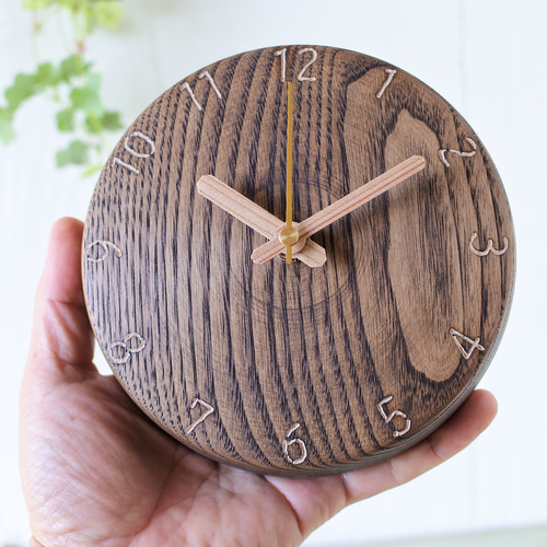 栗の木の丸時計150φ 置時計兼用タイプ ダークブラウン仕上げ 算用数字