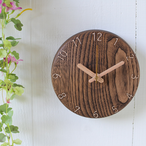 栗の木の丸時計150φ 置時計兼用タイプ ダークブラウン仕上げ 算用数字