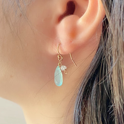 シーブルーカルセドニーとハーキマーダイヤモンドの耳飾り 14kgf 4月誕生石 ～晴れやかブルー～ 12枚目の画像