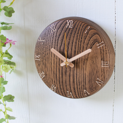 栗の木の丸時計150φ 置時計兼用タイプ ダークブラウン仕上げ ローマ