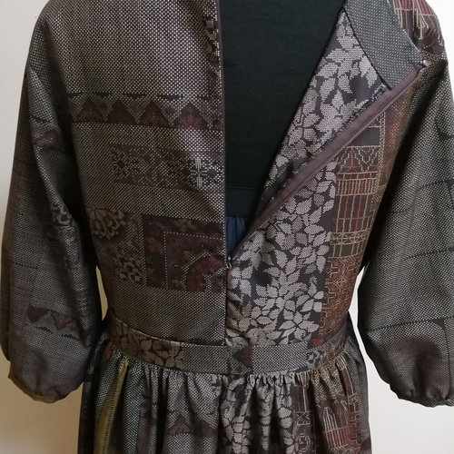 SOLD 着物リメイク ワンピース 大島紬パッチワーク ワンピース