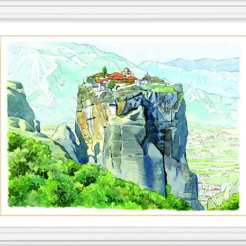 水彩で描く風景画『ギリシャ メテオラ トリアドス修道院』ジグレ版画