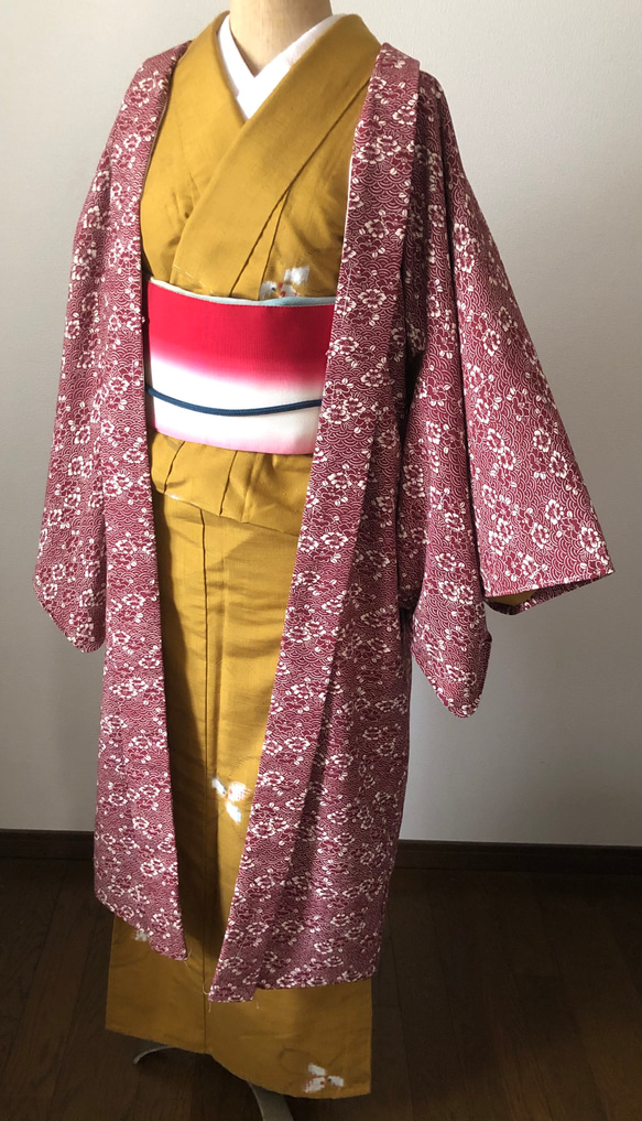 正絹 袷長羽織 ボルドー地に椿と青海波柄 着物 さまだや 通販  