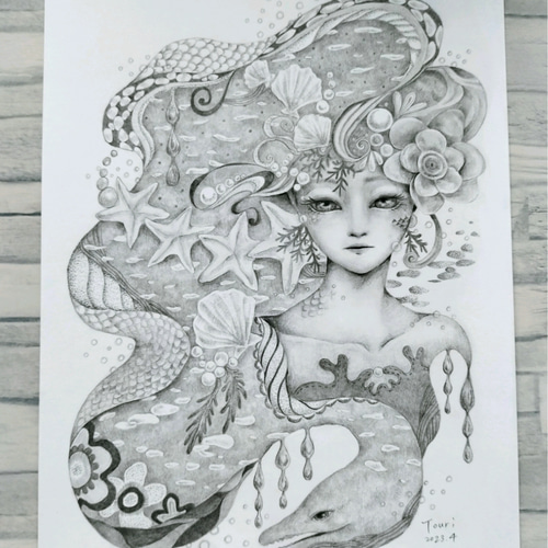 新作☆原画・額なし☆手描きイラスト 女性 ウツボ／鉛筆画 絵画