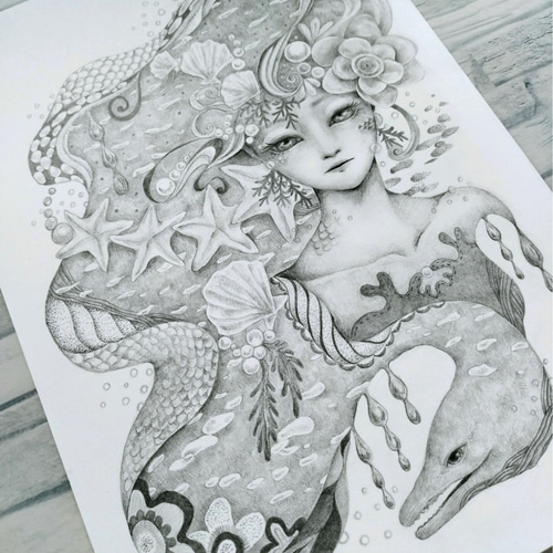 新作☆原画・額なし☆手描きイラスト 女性 ウツボ／鉛筆画 絵画
