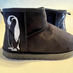（メンズ）ペンギン ボアブーツ、靴、ブラック、オリジナルデザイン、シルクスクリーン, 冬ブーツ 2枚目の画像