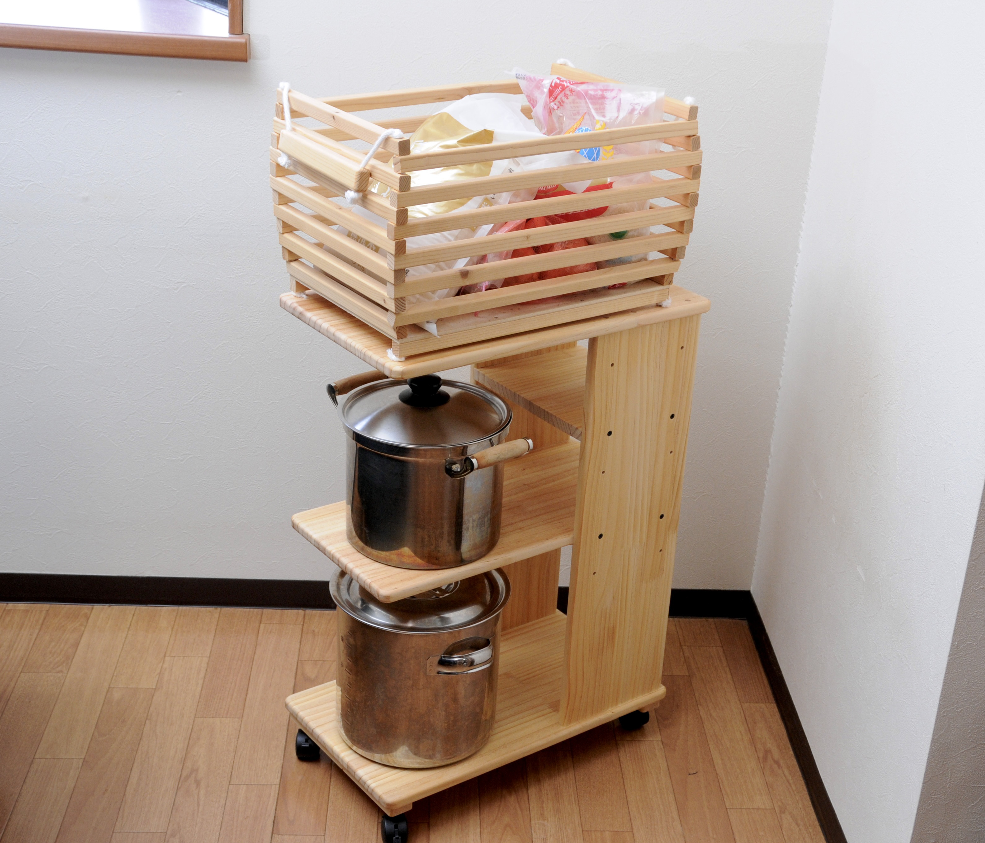 【基本のワゴン　ウッドナチュラル】カンチレバー構造で出し入れ簡単！