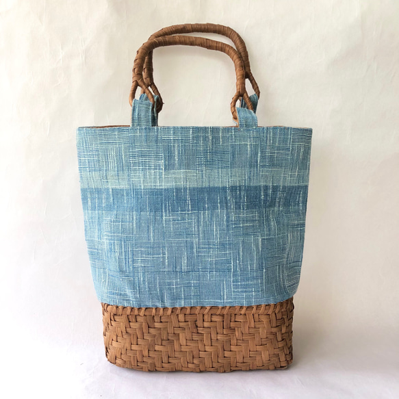 網代織り、正藍染の手織り布と山葡萄かごバッグ/持ち手カバー