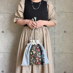 インド刺繍リボン2way巾着バッグ ショルダー付き ショルダーバッグ
