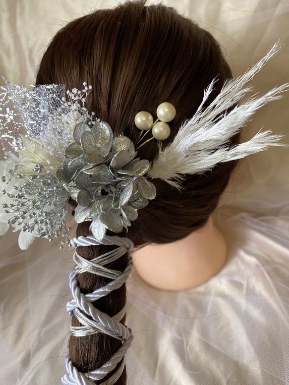 no.7 成人式　結婚式　髪飾り　卒業式　水引　銀箔　ドライフラワー　ヘアアクセ　ヘア　紐 2枚目の画像