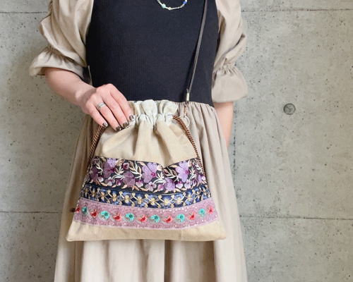 インド刺繍リボン2way巾着バッグ ショルダー付き ショルダーバッグ