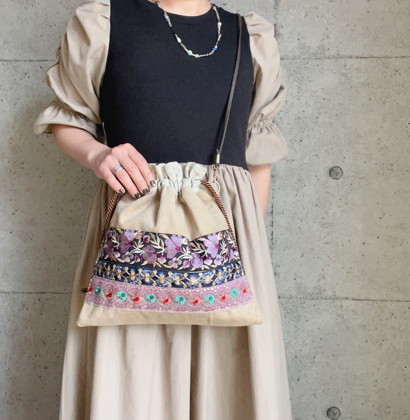 インド刺繍リボン2way巾着バッグ ショルダー付き ショルダーバッグ