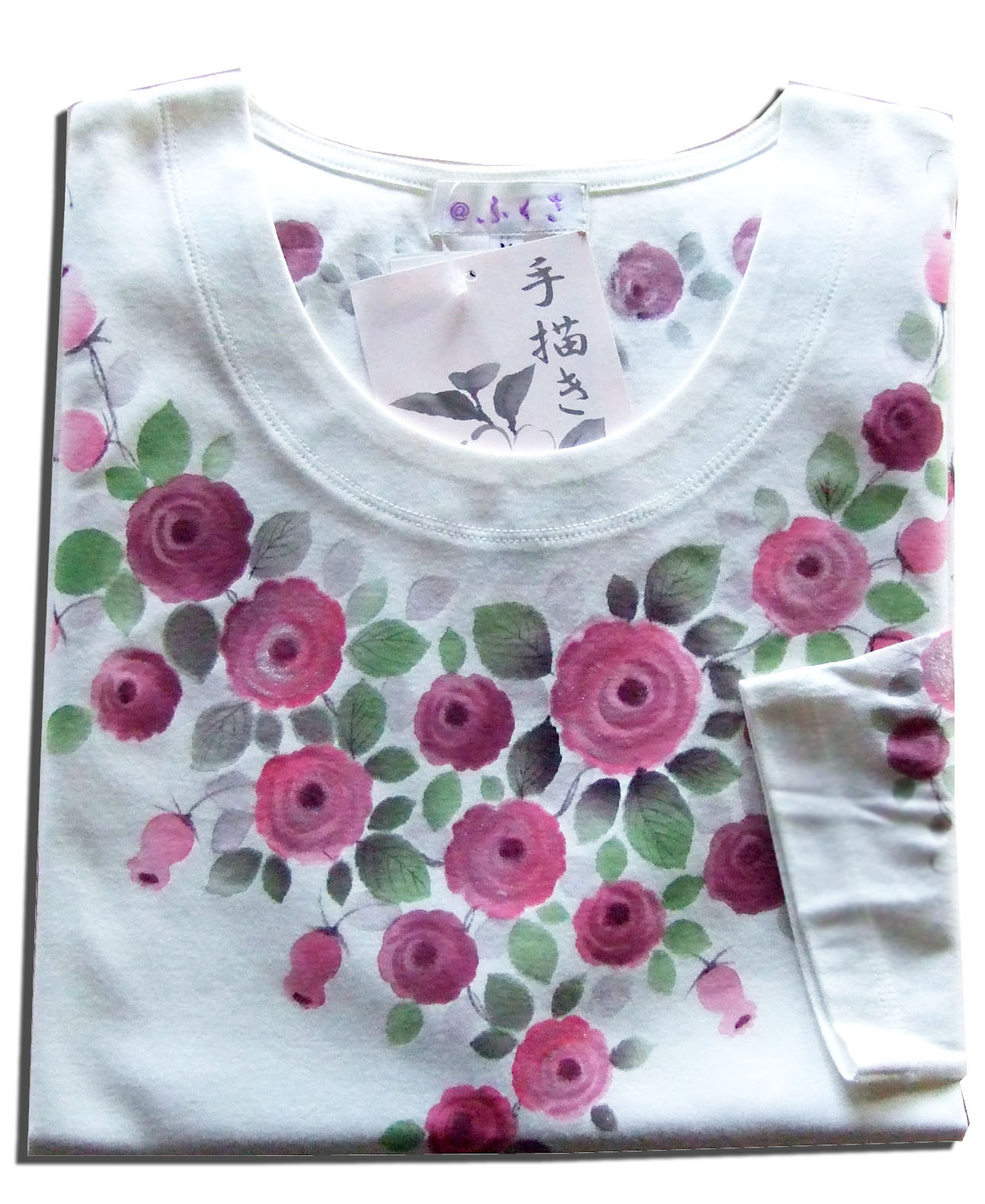 Creema限定 母の日ギフト 手描きカットソー 七分丈「ロイヤルつるバラ　レッド」オフホワイト　ラッピング無料