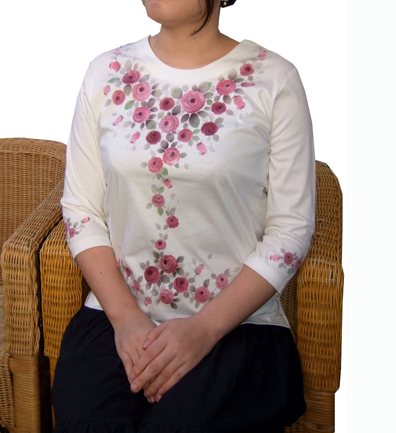 Creema限定 母の日ギフト 手描きカットソー 七分丈「ロイヤルつるバラ　レッド」オフホワイト　ラッピング無料