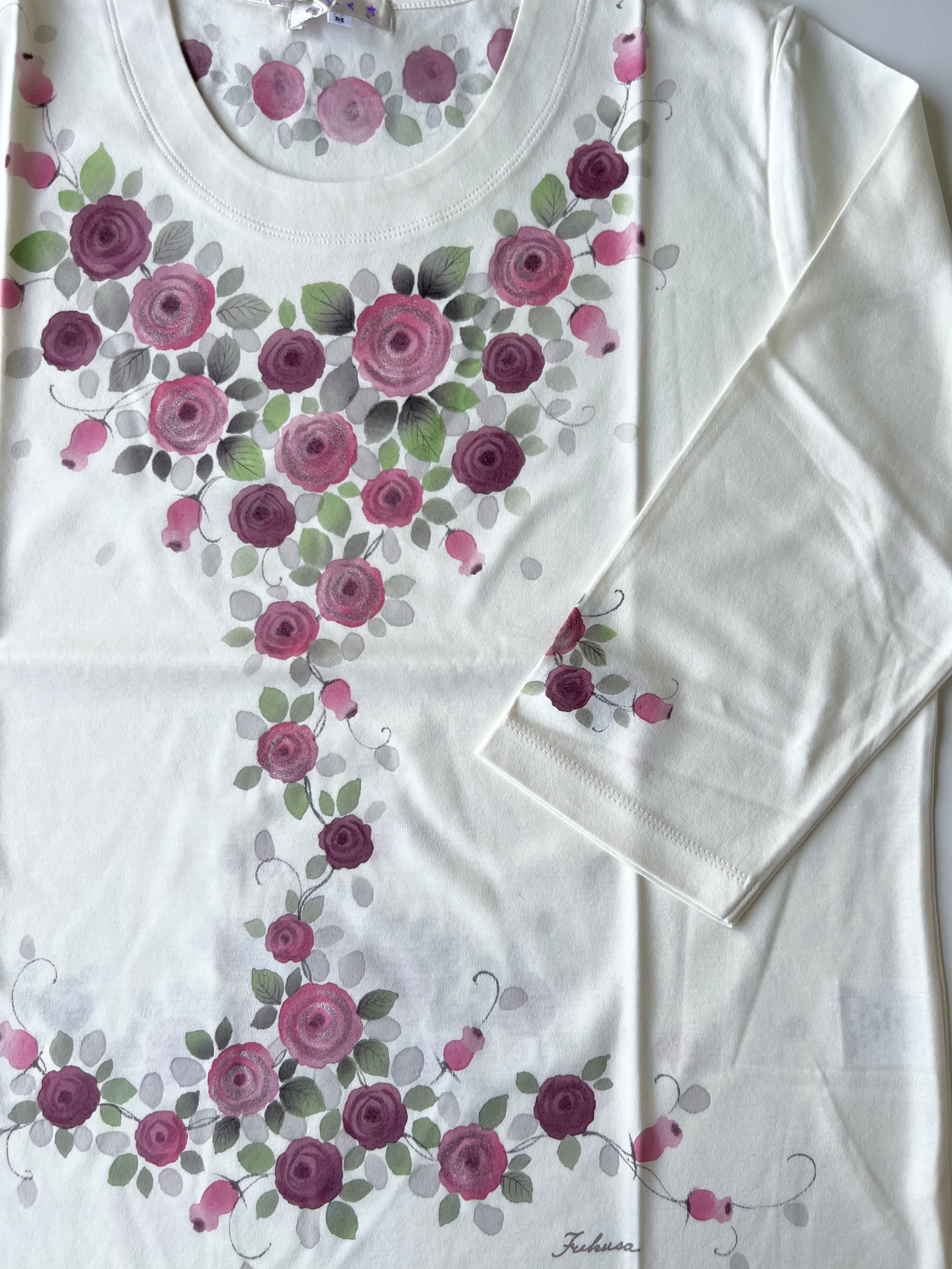 Creema限定 母の日ギフト 手描きカットソー 七分丈「ロイヤルつるバラ　レッド」オフホワイト　ラッピング無料