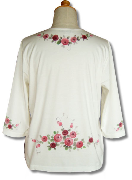 Creema限定 母の日ギフト 手描きカットソー 七分丈「ロイヤルつるバラ　レッド」オフホワイト　ラッピング無料