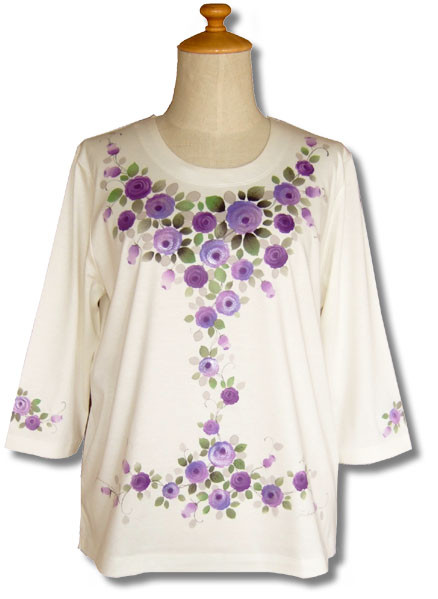 Creema限定 母の日ギフト 手描きカットソー 七分丈「ロイヤルつるバラ　パープル」オフホワイト　ラッピング無料 12,800円