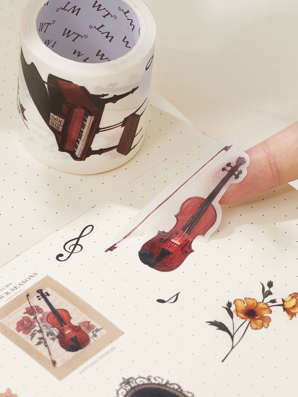 4巻 海外和紙テープ 花のワルツ 和紙マスキングテープ(剥離紙付き) バラ 花 葉 バイオリン ピアノ 楽器 WT64 5枚目の画像