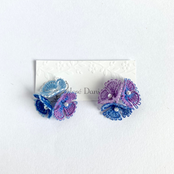糸の花咲くピアス　ミックスカラー　紫陽花　ニャンドゥティ　 2枚目の画像