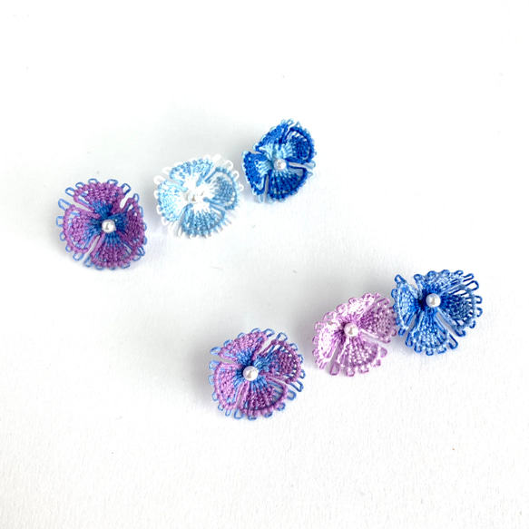 糸の花咲くピアス　ミックスカラー　紫陽花　ニャンドゥティ　 7枚目の画像