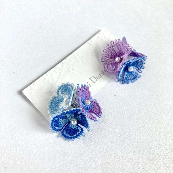 糸の花咲くピアス　ミックスカラー　紫陽花　ニャンドゥティ　 8枚目の画像