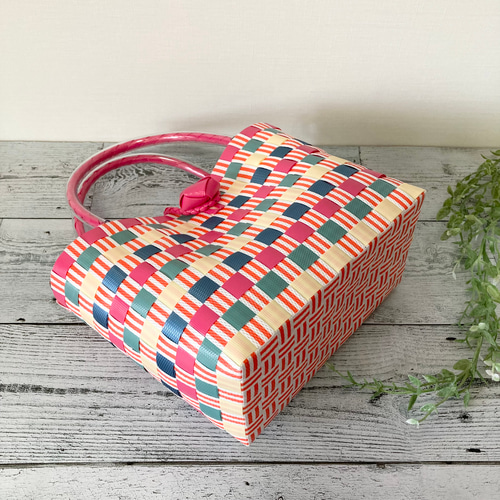 受注制作】プラかごバッグ マルチボーダー Sサイズ レッド系