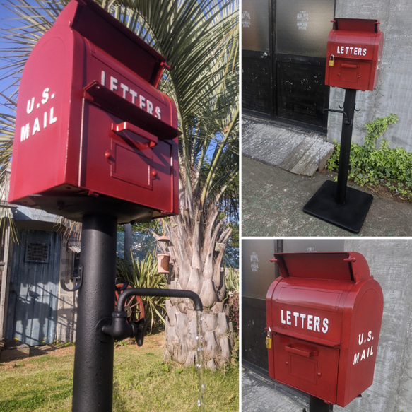 可愛らしい赤いポスト  アンティーク ポストと立水栓  表札 自立式ポスト  #宅配ボックス  #アメリカンポスト 2枚目の画像