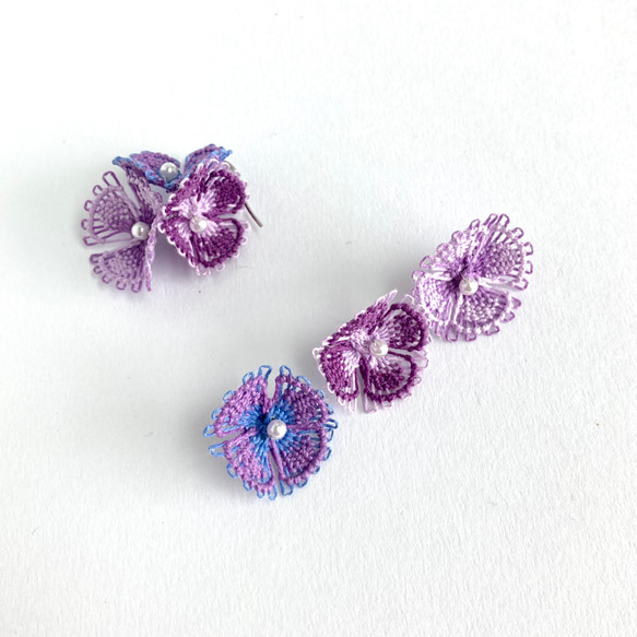 糸の花咲くピアス　パープル　紫陽花　ニャンドゥティ　 8枚目の画像