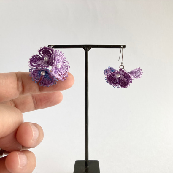 糸の花咲くピアス　パープル　紫陽花　ニャンドゥティ　 6枚目の画像