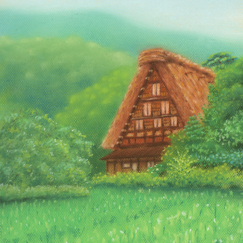 パステル画（原画）白川郷。