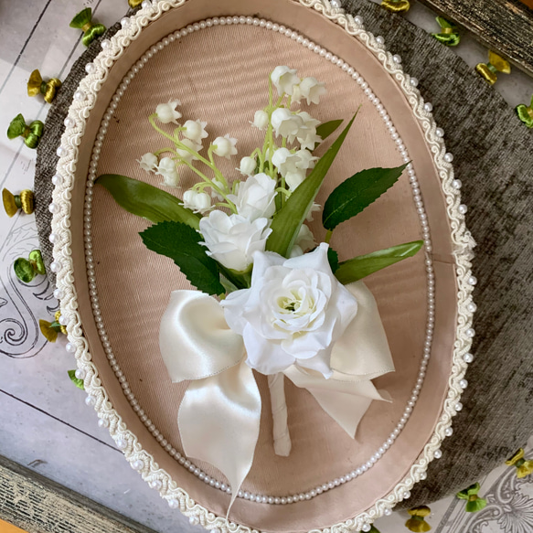 リボンが選べる　清楚なすずらんとミニバラのウエディングブーケ..ブートニア付 スズランのお花 ミニバラ