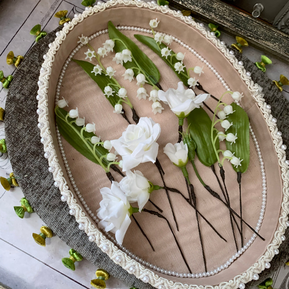 リボンが選べる　清楚なすずらんとミニバラのウエディングブーケ..ブートニア付 スズランのお花 ミニバラ