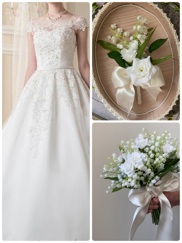 リボンが選べる　清楚なすずらんとミニバラのウエディングブーケ..ブートニア付 スズランのお花 ミニバラ